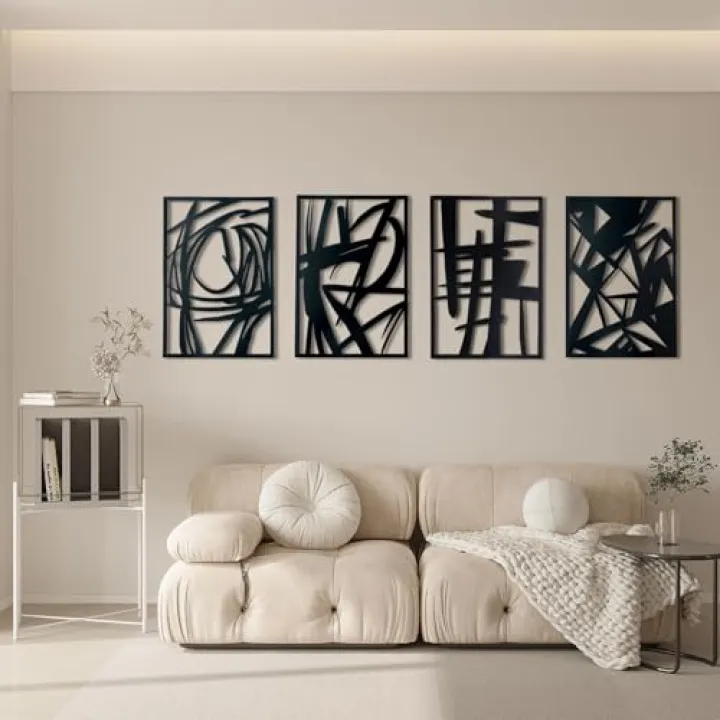 OYEFLY 4 Pack Abstract Metal Wall Art,Minimalist Art Decoration for Living Room Bedroom Bathroom Study (Black, 16 x 11inch)