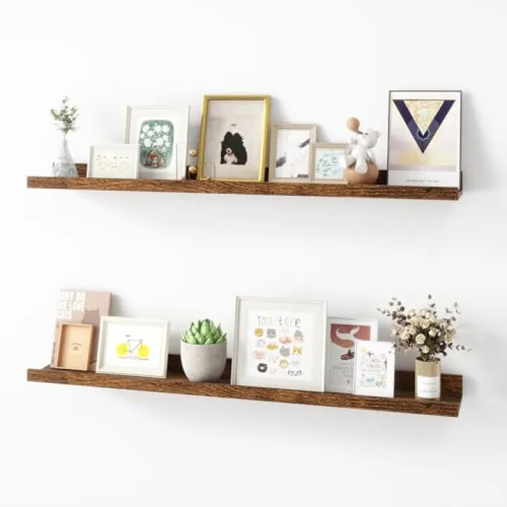 Acovy Picture Ledge Shelf, Wood Floating Shelves Set of 2, 36 inch Picture Ledge Shelves, Photo Ledge Nursery Book Shelves Wall Mounted for Living Room Kids' Room Bedroom, Color Brown