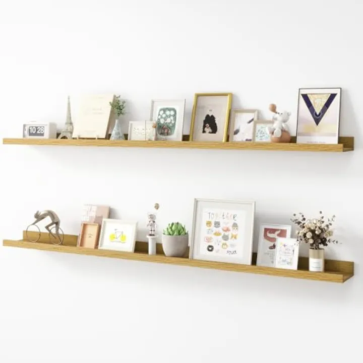 Acovy Picture Ledge Shelf, Wood Long Floating Shelves for Wall, Set of 2, 56 inch Picture Ledge Shelves, Photo Ledge Nursery Book Shelves Wall Mounted for Living Room Kids' Room Bedroom, Color Oak