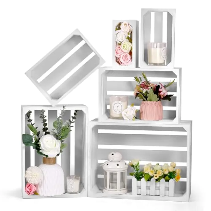 BOBOKA Set of 6 Decorative Wood Crates Nesting Storage Container, 6 Size Farmhouse Decorative Wooden Storage Boxes, Rustic Wooden Crates for Storage, Display, Christmas Decorations