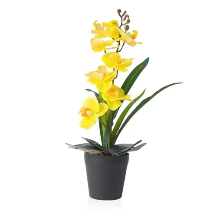 Lovmeety Real Touch Artificial Orchids Flower in Pot, Yellow Faux Orchids Flowers with Vase Fake Phalaenopsis Orchids Arrangement for Table Centerpiece Wedding Party Office Decor