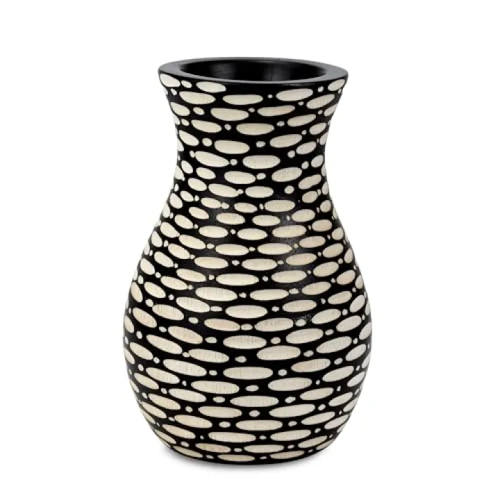 AeraVida Intricate Etched Ovals Mango Wood Vase Dark Brown 6-Inch Handmade Tabletop Flower Holder for Dried or Silk Flowers Rustic Modern Decor Accent for Living Room or Office