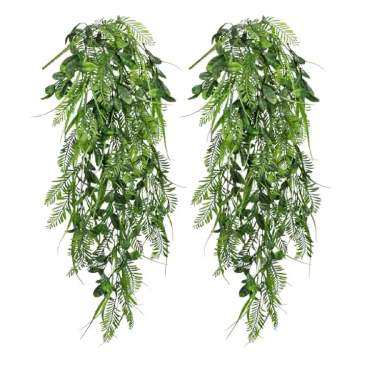 Hollyone 2pcs Artificial Hanging Plant 36" Faux Ferns Artificial Plastic Greenery Ivy Leaves Fake Vines for Wall Farmhouse Living Room Kitchen Shelf Garden Home Patio Indoor Outdoor Decor