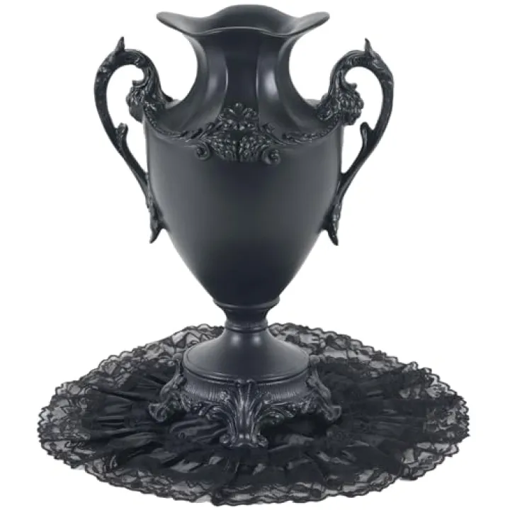 DARK GOTVIC Gothic Victorian Resin Vase with Lace Doily – Waterproof 14" Black Vase for Fresh and Artificial Flowers – Goth Home Decor, Gift, Black Wedding or Halloween Table Centerpiece