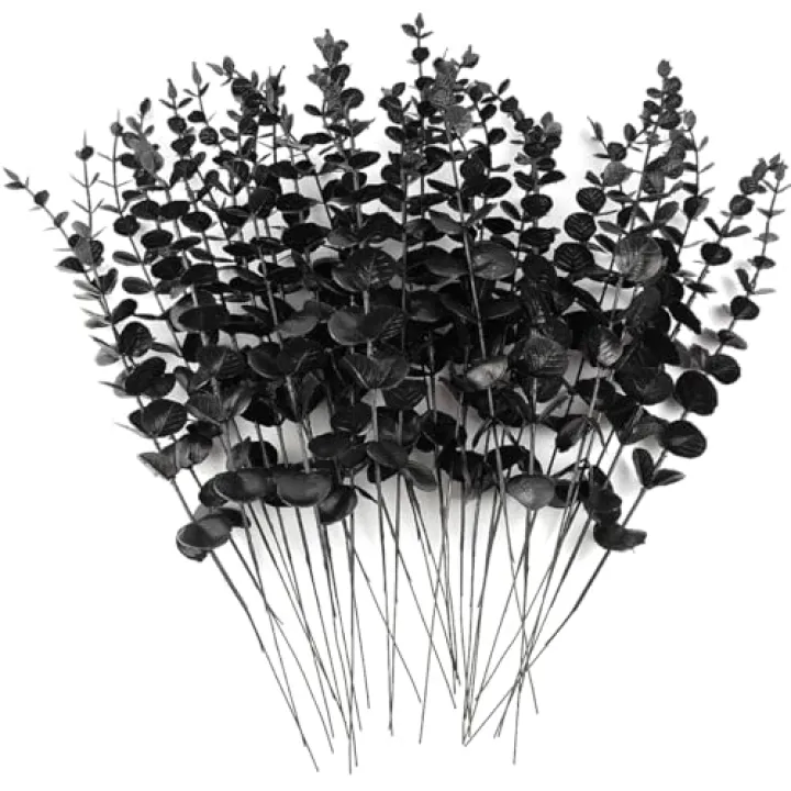 TIHOOD 14PCS 15” Black Eucalyptus Stems Artificial Eucalyptus Leaves Branches Fake Eucalyptuses Decor Faux Eucalyptus leaf Stem for Halloween Autumn Fall Floral Arrangement Wedding Bouquet Home Office