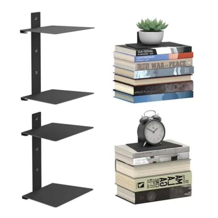 Mefirt Invisible Floating Bookshelves for Wall, 4 Tier Vertical Spine Book Tower, Heavy Duty Floating Book Shelves Metal Book Organizers for Home Office, 2 Pack(Black)