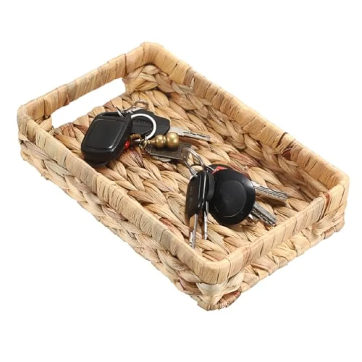 Hipiwe Small Keys Basket for Entryway Table Decorative Wicker Basket Tray Woven Organizer Baskets Water Hyacinth Snacks Fruit Serving Trays for Keys Wallet Cell Phone Candy Organizing, 9.8"x6.3"