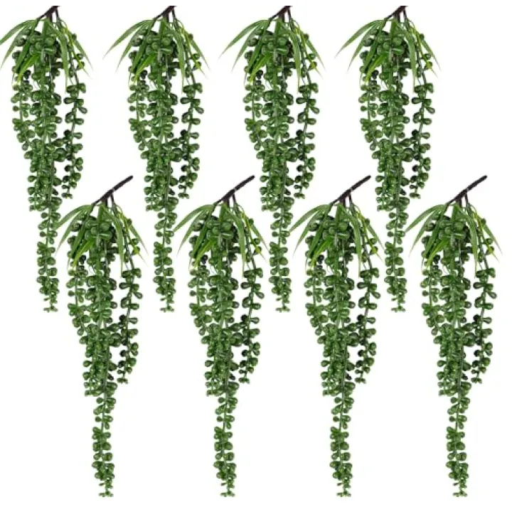 RECUTMS 8Pcs Artificial Succulent Plants Hanging String of Pearls Plant Faux Succulent Draping Greenery Unpotted Succulent Plant for Spring Home Office Basket Planter Indoor Outdoor Decor(Green)