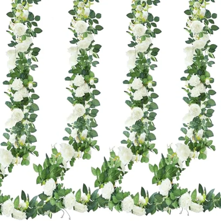 Sggvecsy 4Pcs 31Ft Artificial Rose Vine Fake Flower Garland Floral Garland Faux Silk Hanging Vine Rose Ivy Vines for Wedding Arch Party Wall Garden Ceremony Background Outdoor Decor (White)