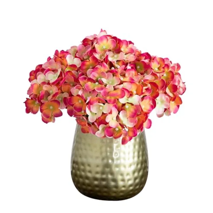 Nearly Natural 11-in Artificial Hydrangea Flower Arrangement in Decorative Gold Metal Vase, Pink Faux Hydrangeas with Lifelike Petals for Tabletop, Desk, Centerpiece, or Shelves