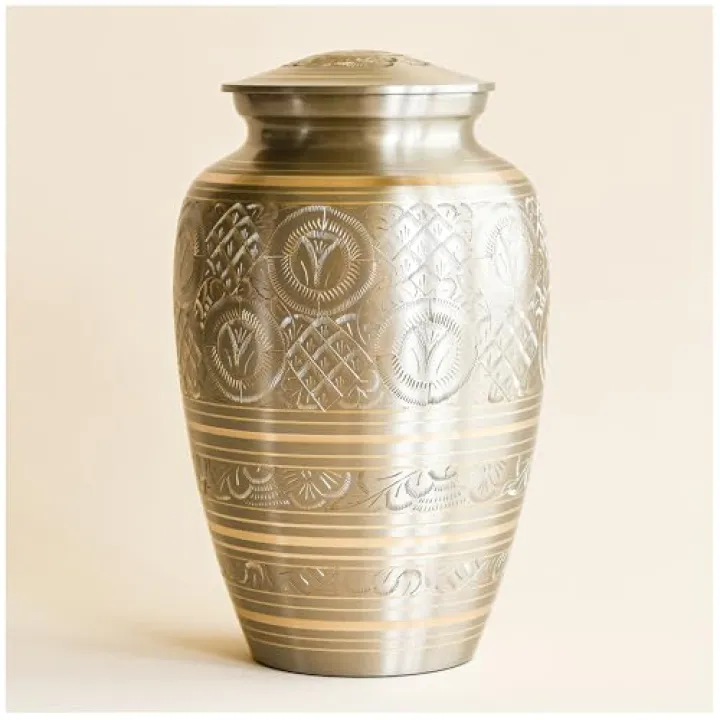 AspenStudio Platinum Brass Cremation Urn for Adult Human Ashes - Large Handcrafted Funeral Memorial Urns Brass Urn Capacity 225 lbs