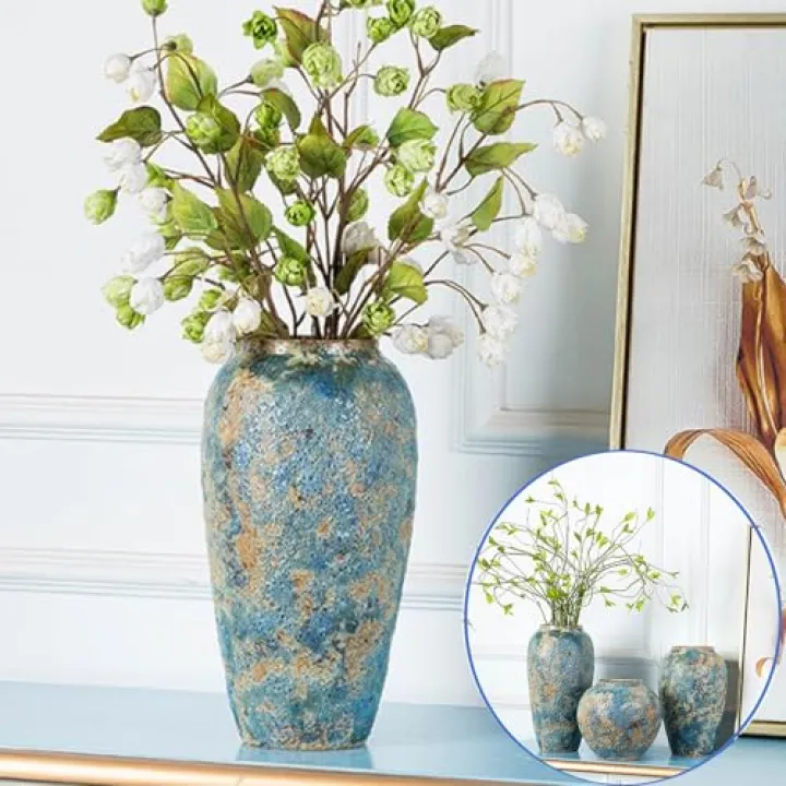 Rustic Ceramic Flower Vase, Tall 13.8in Large Vintage Blue Vases, Handmade Distressed Farmhouse Vase, Unique Pottery Clay Vases for Living Room Floor, Bedroom, Bookshelf, Dining Room, Home Decor
