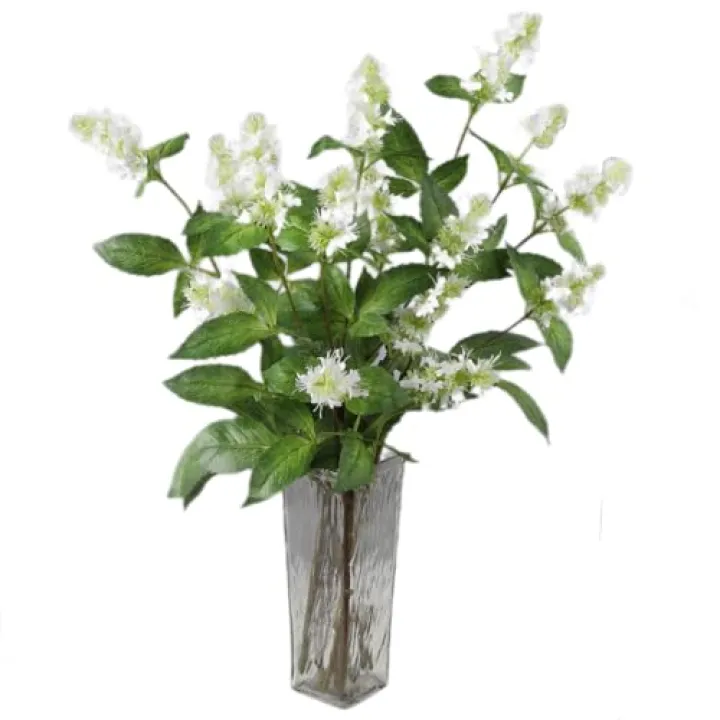 BQEE Artificial Patchouli Plant Stems, 29 inches, 4 Pack, Fake Greenry Plants Reastic Mint Flowers for Home Office Decor (White)