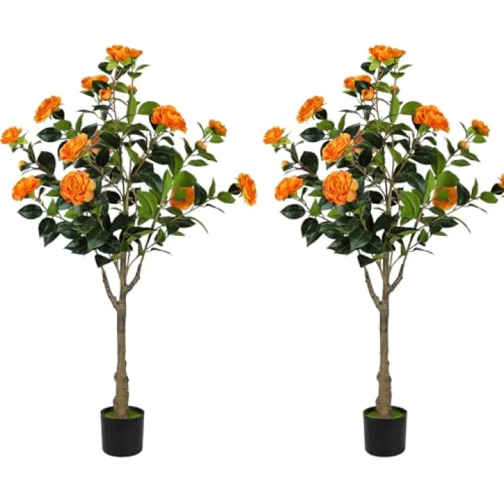 PINPON 4FT Artificial Camellia Flowers Tree, 2Pack Fake Plant Plastic Potted with Faux Greenery Leaves Outdoor Indoor Home Decor for Livingroom Garden Patio Yard Office, Orange