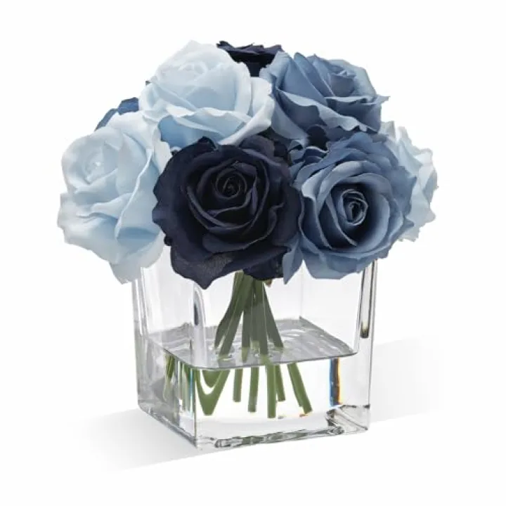 WELL KNOWN Rose Artificial Flowers in Vase with Faux Water, Silk Rose Table Centerpieces for Home Coffee Table Decor, Fake Roses Flower Arrangements for Office Hotel Lavatory Decor (Blue)