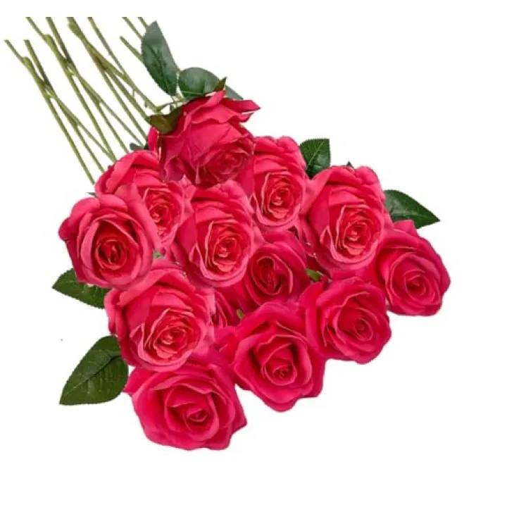 TBUY ROSE 16PCS Artificial Silk Flowers Faux Roses Bouquet Long Stem for Home Wedding Decoration Party (Fuschia)