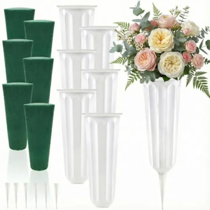 Goaste 6 Pack Cemetery Vases with Spikes, Memorial Floral Vases with Foam Inserts, Grave Flower Holder Cones for Outdoor Use, Lawn Headstone Graveside Decoration, Fresh or Artificial Flowers, White