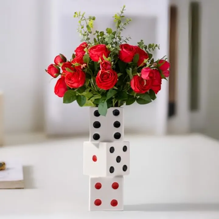 XMMEIMK Dice Vase White Ceramic Vase for Home Decor, Unique 70s80s Vintage Decorative Table with Black and White Centerpiece(5.9" H)