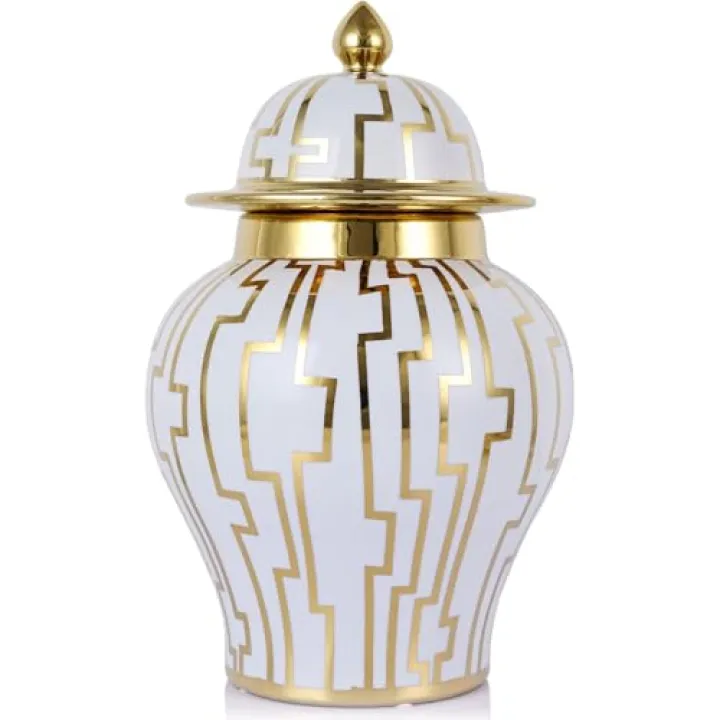 Large White and Gold Ginger Jar Vase - 15" Decorative Ceramic Ginger Jar with Lid, Modern White and Gold Vase for Home Decor, Living Room, Dining Table, Weddings, Office, and Mantle Fireplace Decor
