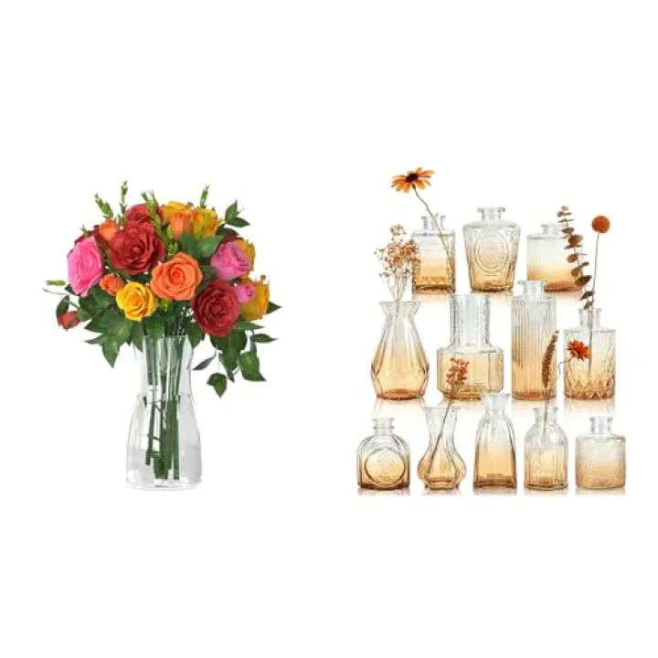 Der Rose Bundle of 8 inch Clear Glass Flower Vases and Set of 12 Small Flower Vases for Rustic Wedding, Home Table Decorations