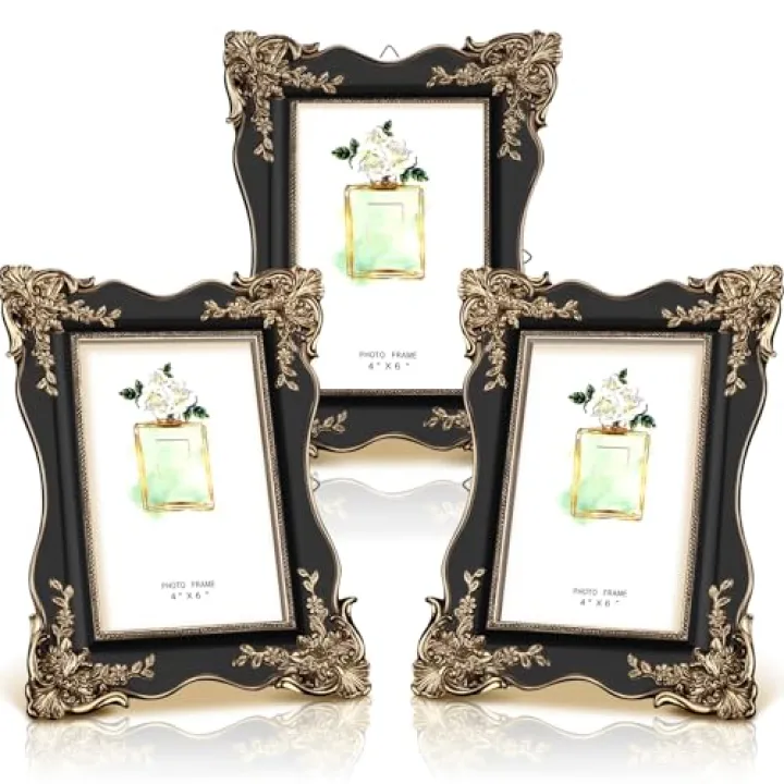 GlikCeil 3 Pcs 4 x 6 Vintage Picture Frame Trim Antique Ornate Resin Photo Frame with Easel and Hook for Tabletop Wall Art Decor Display Home Office(Black)