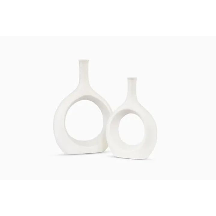 White Circle Vase Set of 2, Flower Vase, Nordic, Decorative Pieces for Modern, Farmhouse, Boho, and Classic Home Decor | Donut Vase for Living Room, Bedroom, Office, Bookshelf, or Console