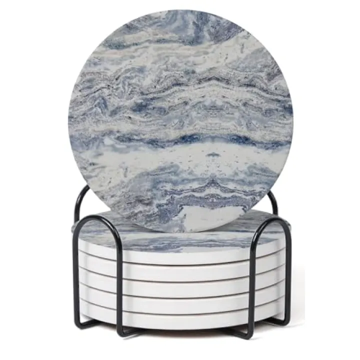 Hoomey Set of 6 Navy Abstract Onyx Marble Coasters with Holder, Absorbent Ceramic Coasters for Drinks, Coasters with Cork Backing for Table Protection, Coffee Table Decor