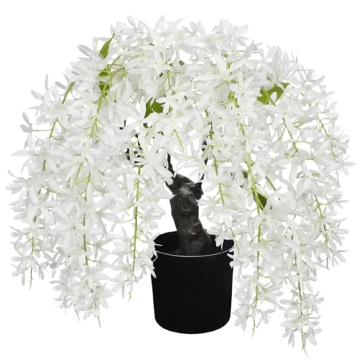 Artificial White Flower Tree 13.8" Tall with Silk Wisteria Flower and Realistic Wood Fake Bonsai Tree Plants Zen Garden Faux Plants for Spring Home Bedroom Office Bathroom Centerpiece Decor