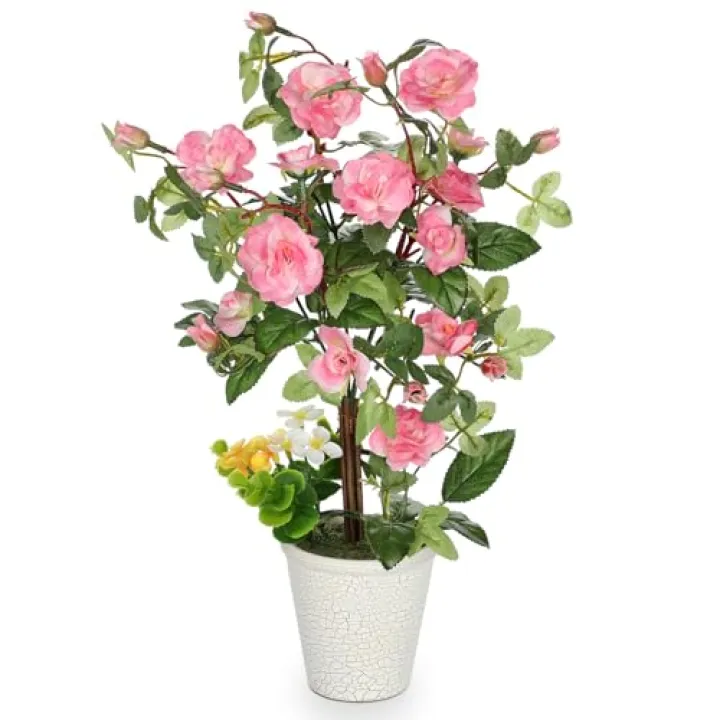 Hollyone Artificial Plants & Flowers in Vase Pink Camellia Roses Faux Flower Plant Arrangement with Pot Fake Rose Flowers Home Decor Office Bathroom Shelf Desk Table Decoration