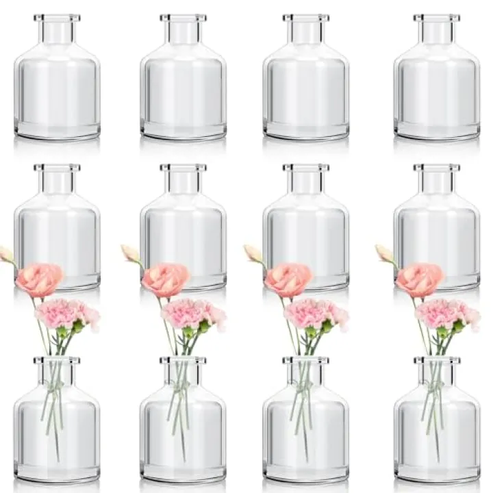 CACASO 12Pcs Bud Vases,Mini Flower Vases,Clear Glass Bud Vase,Small Glass Living Bud Vases Bulk,Small Vases Clear Vase for Flowers Centerpieces Table Home Living Room Decor (2 x 2.8 in)