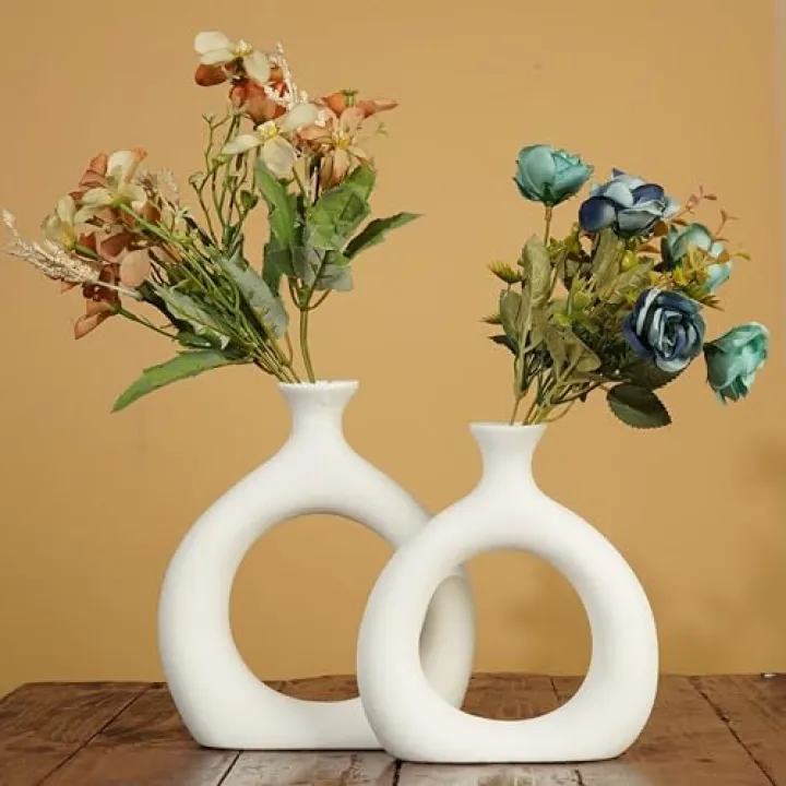 Ajuny Donut Vase Set of 2 – White Ceramic Modern Vases for Flowers, Pampas Grass, Centerpieces | Boho Table Decor for Living Room, Wedding, Kitchen, TV Stand, Office, Shelf, Mantle