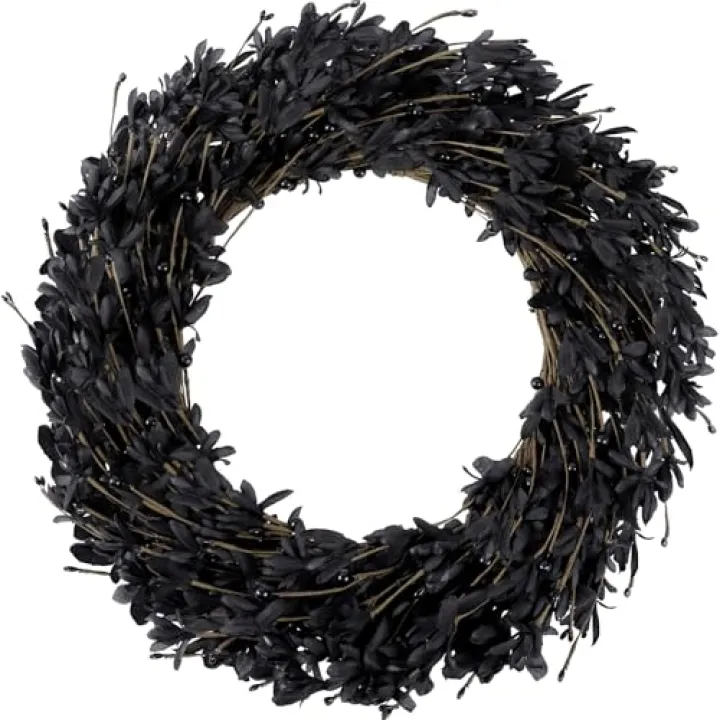 Ureymx 20'' Artificial Forsythia Wreath Spring Summer Fall Winter Wreaths for Front Door with Berries Silk Leaves Wreath for Halloween Decorations Porch Wall Window Indoor Outdoor Home Decor (Black)