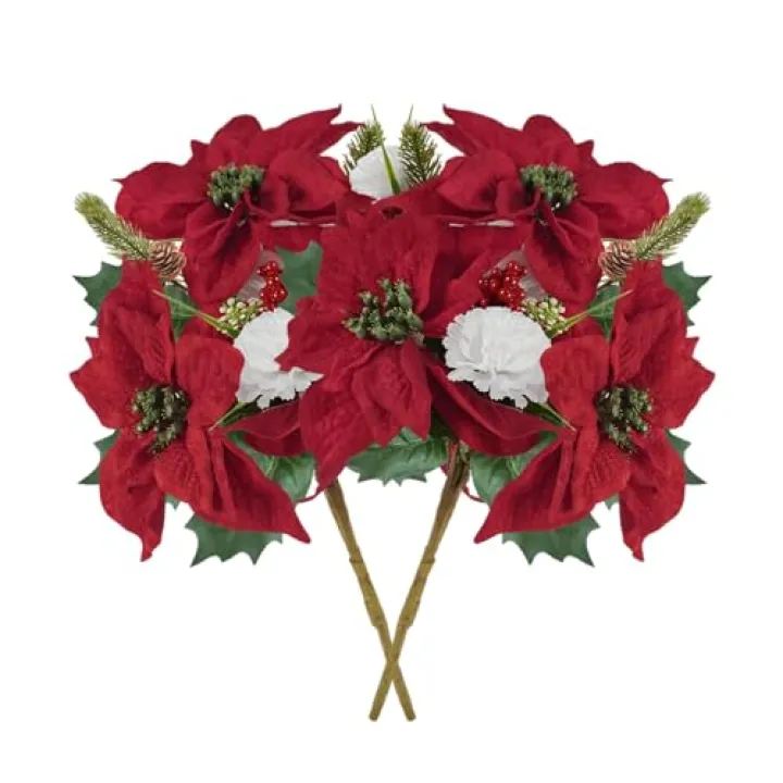 Succwoah 2 Pieces Artificial Poinsettia Flowers Christmas Flowers, Faux Red Velvet Poinsettia Carnation Bouquet Silk Poinsettia Flowers for Xmas Party Holiday Cemetery Wedding Decor