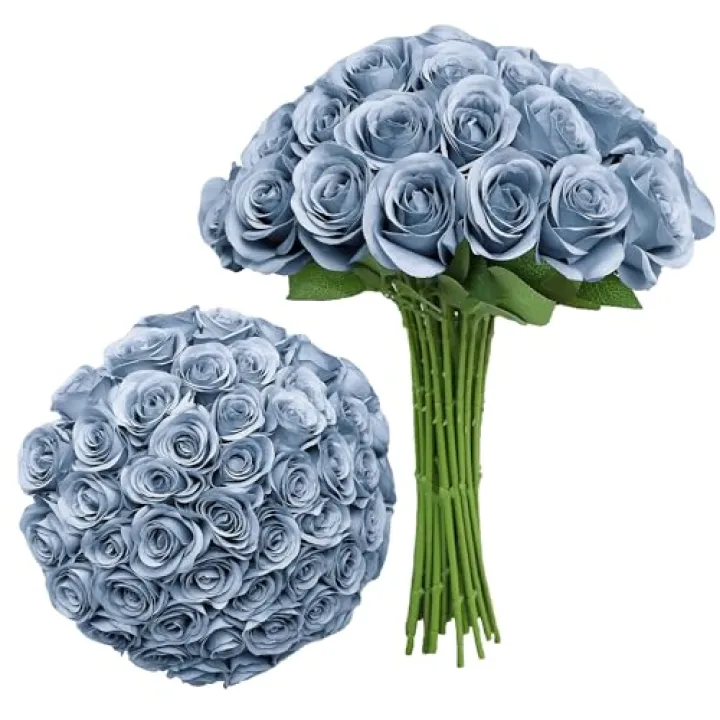 LVEFIT Artificial Rose Flower Artificial Flowers Flower with Long Stem Silk Roses Bouquet for Wedding Bridal Shower Party Home Decoration (Dusty Blue, 30 Pcs)