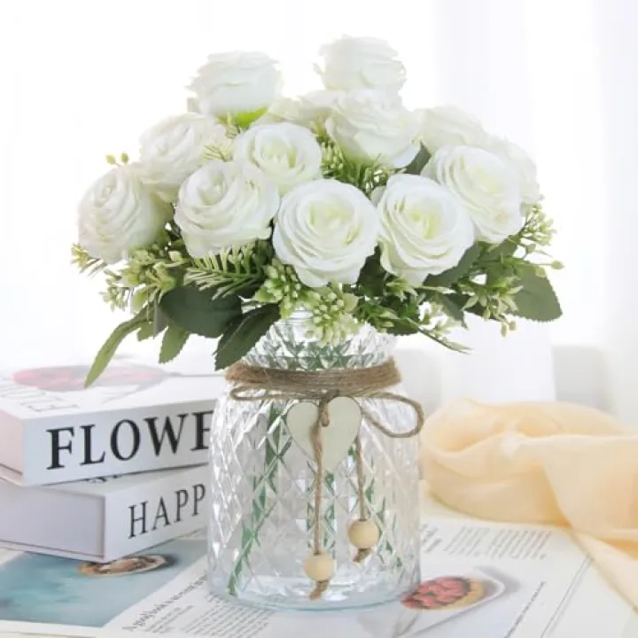 Leayiuvan Fake Flowers in Vase,Fake Flowers with Vase 18 Pcs Faux Rose Flowers,Artificial Flowers for Home Decor, Indoor Centerpiece for Living Room & Dining Table (White)