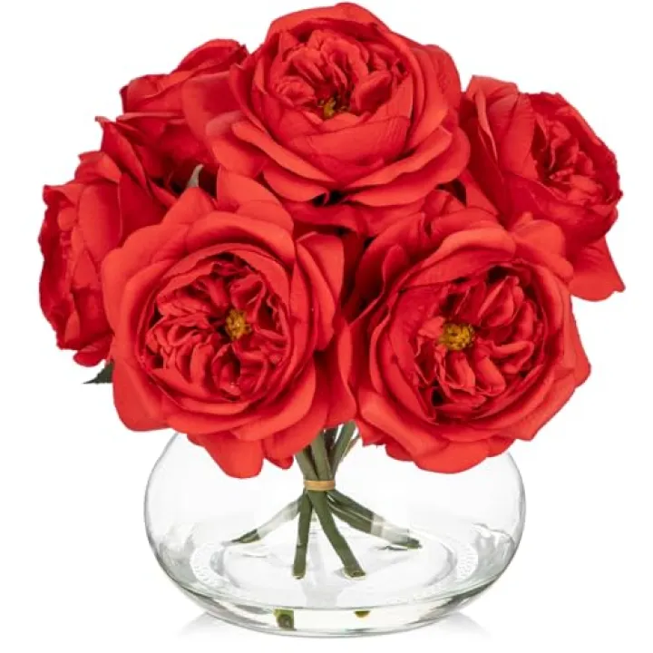 Hollyone Red Roses Peonies Artificial Flowers with Glass Vase Silk David Austin Roses Faux Flowers Arrangements with Clear Faux Water in Vase Fake Peonies Rose Peony Floral Bulk Bouquet Home Decor