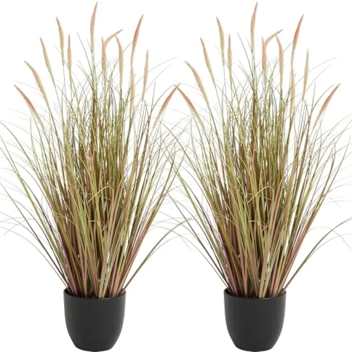 KOL 3ft 2-Pack Artificial Cattail Reed Grass, 35in Artificial Indoor Outdoor Fake Onion Grass, Home Office Wedding Decorative Artificial Plants in Pot Faux Floor Plant Greenery, Pink