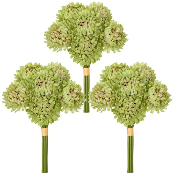 Briful Set of 3 Mini Mums Artificial Bouquets, 7" Long 18 Stems Spider Chrysanthemums Fake Flowers, Realistic Faux Flower Bushes for Home Decor, Weddings DIY Projects, Light Green