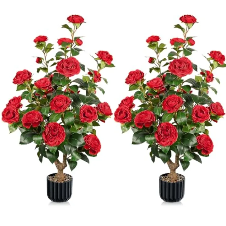 2 PCS Artificial Camellia Trees in Pot Red Fake Flowers Trees Outdoor Faux Potted Tree with 24 Blooming Camellia Topiary Greenery Plant for Porch Front Door Indoor
