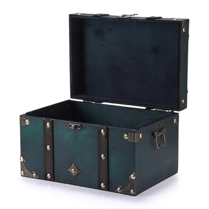 ELLDOO Vintage Treasure Chest, Pirate Keepsakes Box for Gifts, Wooden Storage, Green Decorative Container for Jewelry, Pearl Trinkets, Tarot Cards - Large