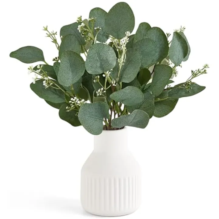 Dahey Artificial Eucalyptus Stems in Small Ceramic Vase Centerpiece Table Decorations Modern Farmhouse Decor Fake Eucalyptus Plants with Vase for Bathroom Kitchen Shelf Living Room Home Decor, White