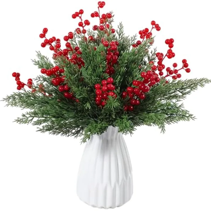 Ceenna 60 Pcs Artificial Christmas Flowers Christmas Artificial Pine Branches Fake Pine Picks Leaves Greenery Stems Berry Stems Set for DIY Craft(Pine,9.85 Inch)