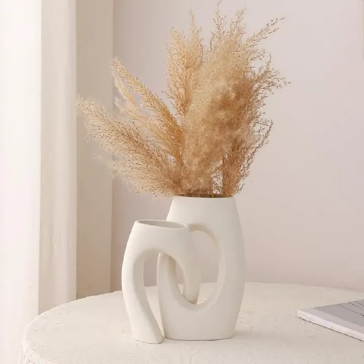Anding White Vase Set - Modern & Boho Ceramic Vases for Home Decor with Pampas Grass Design (White A1058)
