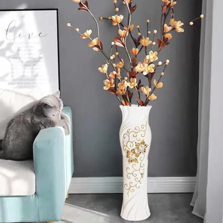 White Gold Tall Ceramic Floor Vase, 24" Gold-Trimmed Oversized Vase, Simple White Flower Arrangement Decor for Living Room Modern Home Décor Housewarming Gift for Entrance Hall Bedroom Office Hotel