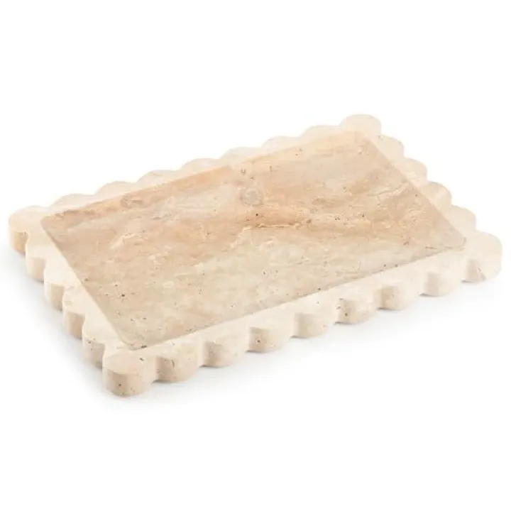 Natural Rectangular Travertine Tray with Scalloped Edge, Multi-Purpose Marble Tray for Kitchen Counter, Bathroom, Vanity, Dresser (Beige Travertine, 7.87"x11.81")