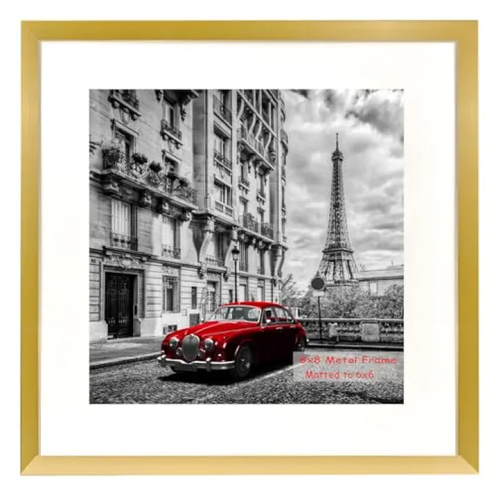 EVQUIT 8 x 8 Metal Picture Frame Aluminum Photo Frames with 6x6 Mat for Wall or Tabletop Display - Gold, Plastic Glass