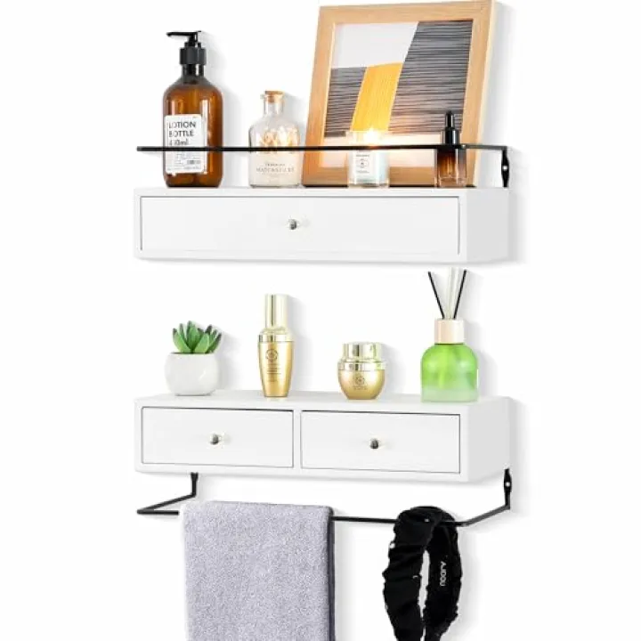 DreamPossible Floating Shelves for Wall Storage - Wall Mounted Bathroom Shelf Set of 2 with Drawers, Rustic Wood Shelves for Bedroom, Living Room, Kitchen, Home Decor, Plants, Books
