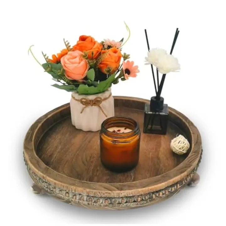 ouosawa Round Wood Tray for Home Decor, Wooden Decorative Tray for Kitchen Counter Coffee Table Centerpiece Living Dining Room Entryway, 12in Round Beaded Tray for Wedding Easter Thanksgiving, Brown
