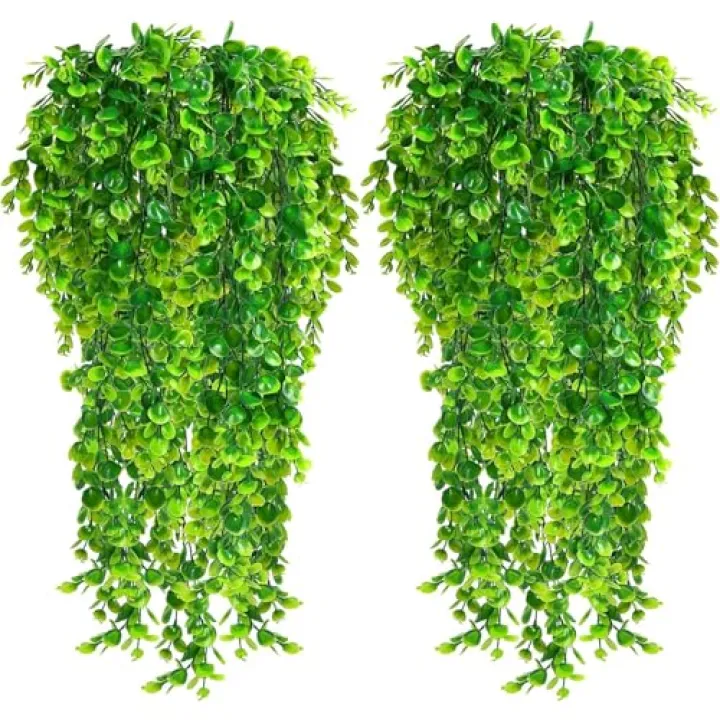 Direkame Fake Plants 2 Pack Artificial Hanging Plants, Faux Eucalyptus Plants Plastic Leaves Greeny Decor for Indoor Outdoor Walls, Patio Decor Porch Decor, Weddings and Halloween Christmas Decoration