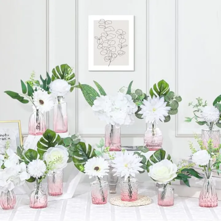 FoldTier 108 Pcs Artificial Flowers in Vase 96 Pcs Faux Greenery Stem Table Centerpiece Fake Plants Silk Roses Arrangement 12 Pcs Glass Vase Sets for Wedding Bathroom Home Dining Decor(White Pink)